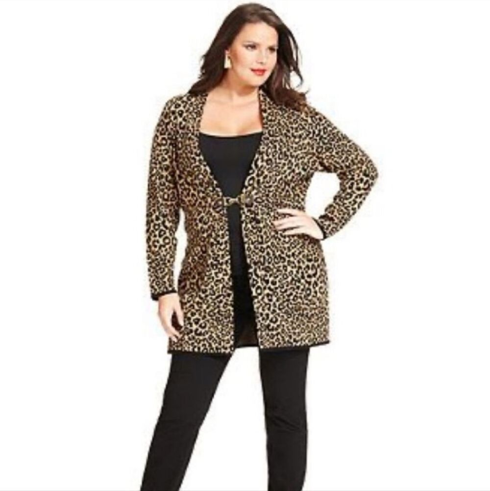 💇♀️Charter Club Leopard Print Buckled Front Long Sleeve Duster Sweater Size 2X